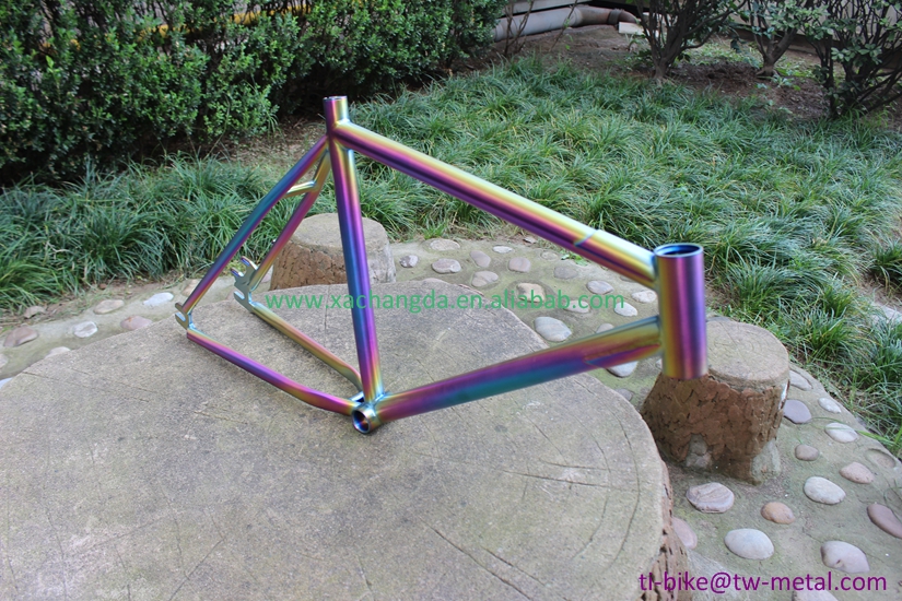 Titanium BMX bike frame with rainbow color