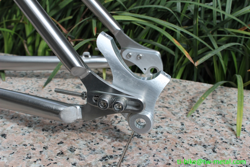 Custom titanium suspension bike frame with tapered head tube